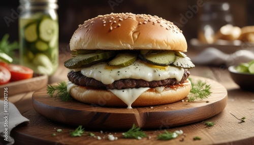 A juicy burger patty topped with melted mozzarella cheese and tangy dill pickles on a worn wooden plate, brown, cheese, burger photo