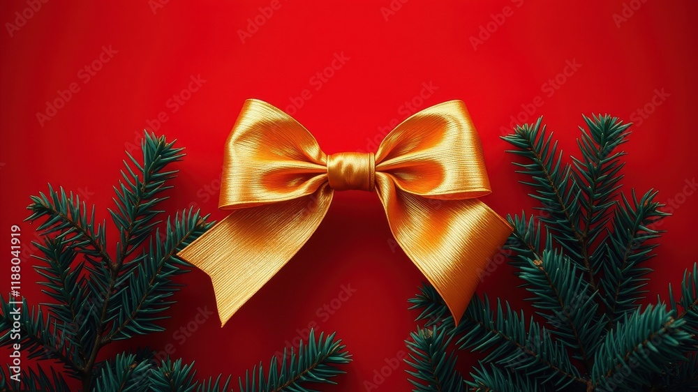 A vibrant red background with a classic golden bow and sprigs of green pine needles, a festive composition for holiday cheer A vibrant red background with a classic golden bow and sprigs of green pine needles, a festive composition for holiday cheer