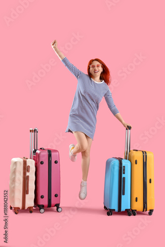 Jumping female tourist with...