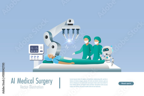 AI robotic medical surgery. Doctor use artificial intelligence robot and robot arm operating patient in surgical room in hospital. AI cybernetic medical innovation technology. Vector. 