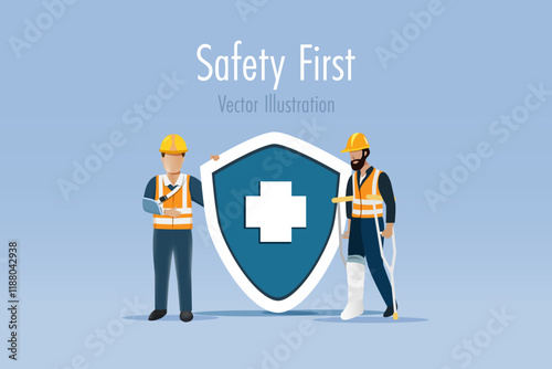 Broken arm and broken leg workers at medical symbol on safety shield. Safety first warning and awareness to prevent from accident injury at construction site. Vector.