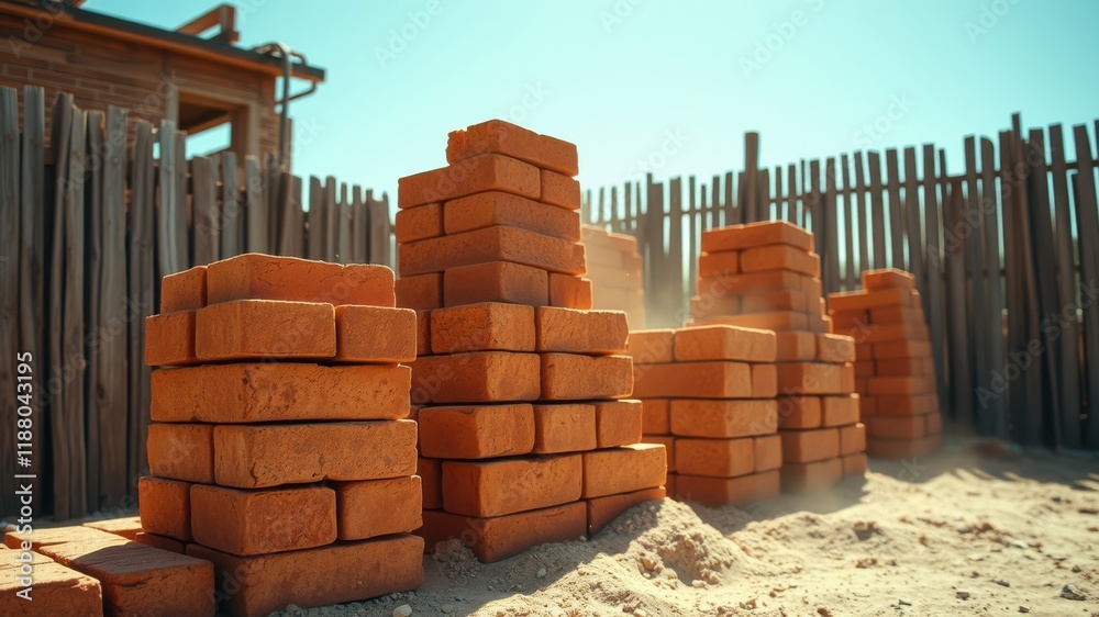 Obraz premium Stacked bricks in a construction site, awaiting their destiny to become part of a new structure