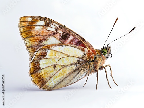 Side profile of a small copper butterfly on a white background, highlighting its vibrant hues. photo