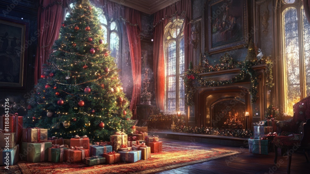 Obraz premium A cozy holiday scene with a Christmas tree covered in tinsel and baubles, surrounded by an assortment of gifts tied with elegant ribbons.