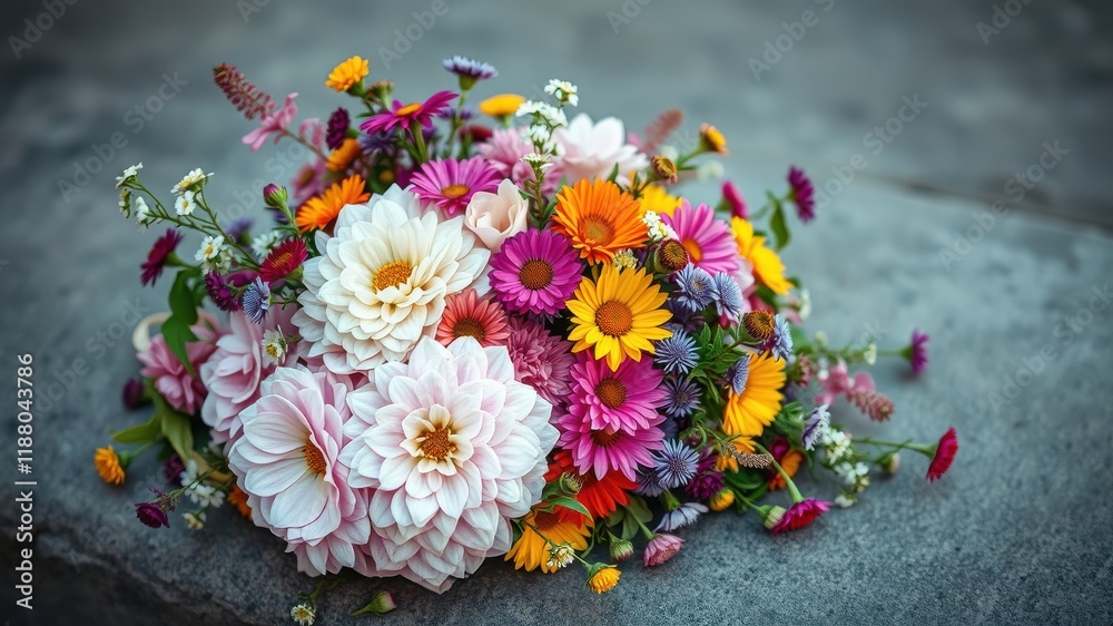 Fototapeta premium A vibrant bouquet of colorful flowers, bursting with a kaleidoscope of hues, rests on a textured gray surface.