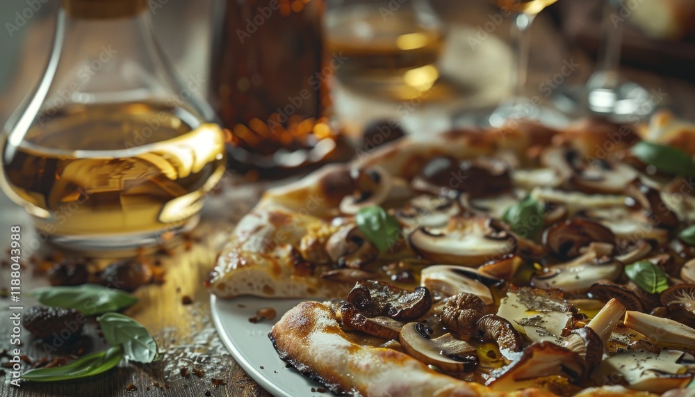 A close-up of a delicious mushroom pizza with a glass of white wine in the background. A close-up of a delicious mushroom pizza with a glass of white wine in the background.