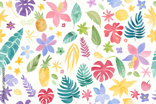Illustration - Tropical Paradise Seamless Pattern Watercolor Pineapples, Flowers, and Leaves