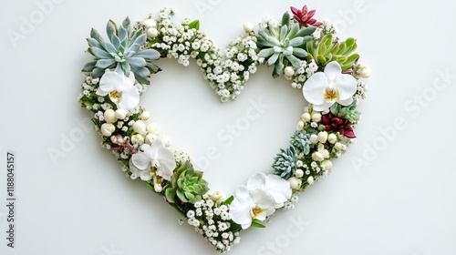 A modern floral heart design made of orchids, succulents, and tiny white buds, on a plain white backdrop