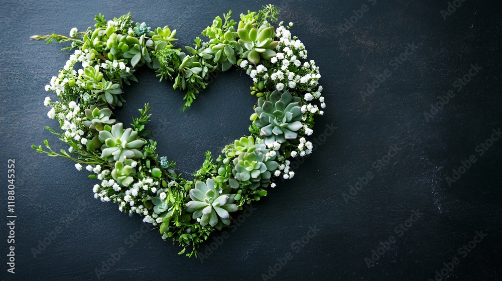 A modern floral heart made of succulents and small white blossoms, placed on a sleek black table A modern floral heart made of succulents and small white blossoms, placed on a sleek black table
