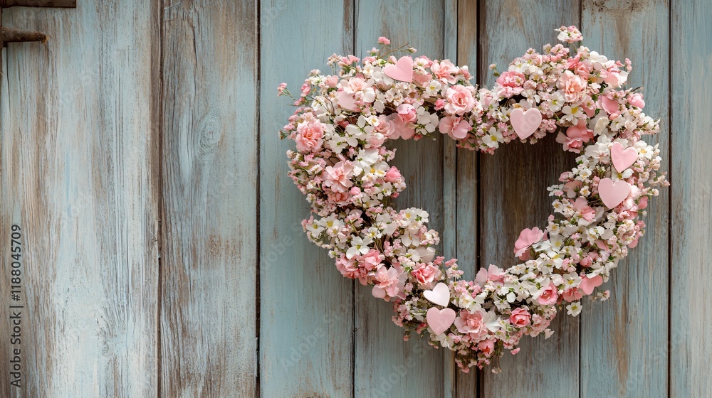 A pastel pink and white heart-shaped flower wreath, hanging on a rustic wooden door