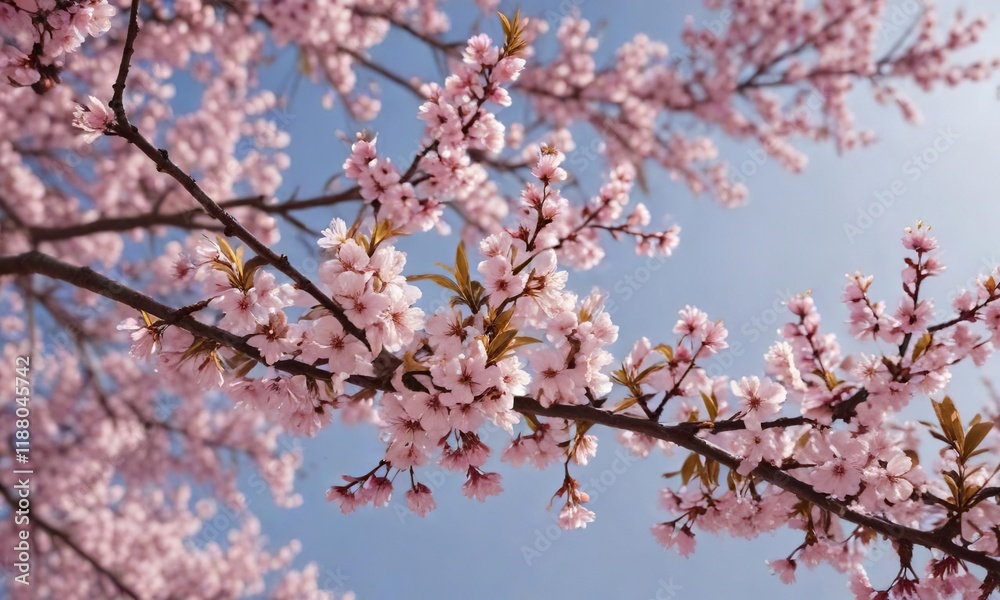 Cherry tree branches covered in blossoms and leaves during spring, environment, growth Cherry tree branches covered in blossoms and leaves during spring, environment, growth