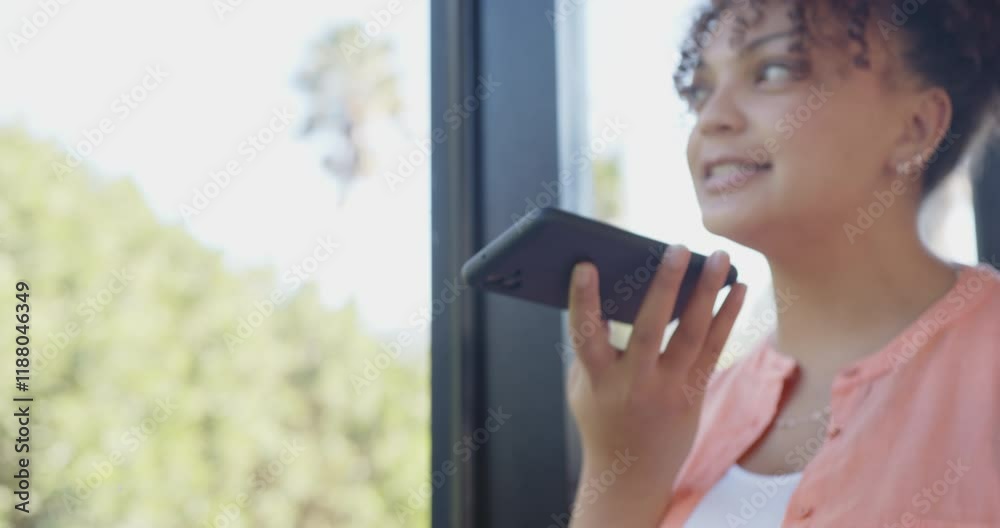 Smiling woman holding smartphone, recording voice message, enjoying sunny day, copy space Smiling woman holding smartphone, recording voice message, enjoying sunny day, copy space