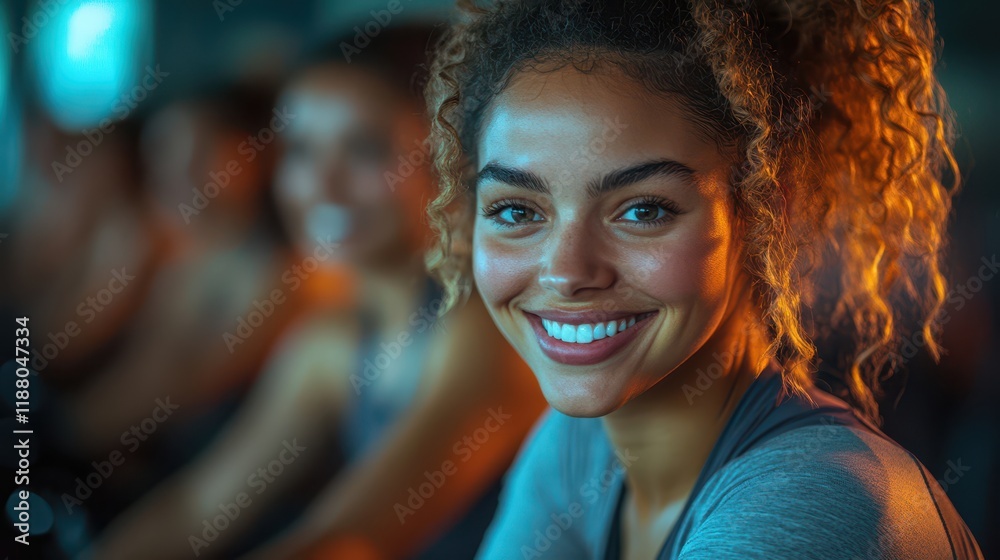 Obraz premium Women’s Spin Class at Gym, Radiant Smiles and Dynamic Energy
