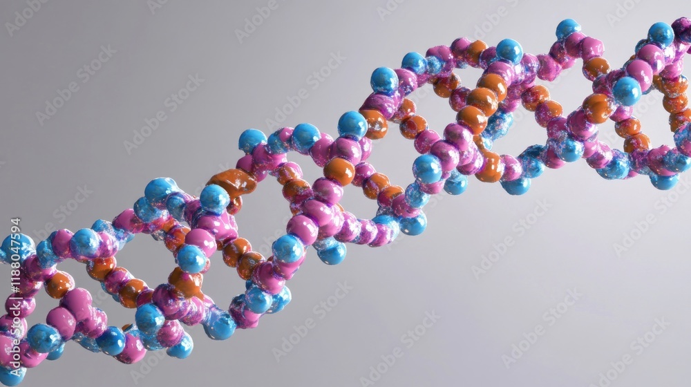 3D rendering of a DNA double helix with pink, orange, and blue spheres. 3D rendering of a DNA double helix with pink, orange, and blue spheres.