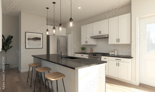 A sleek modern kitchen with a minimalist design, featuring white cabinetry, a black quartz countertop, stainless steel appliances, and pendant lights hanging above a central island  photo