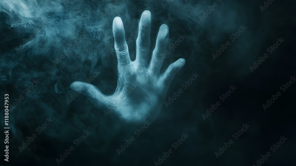 A ghostly hand emerges from ethereal smoke A ghostly hand emerges from ethereal smoke