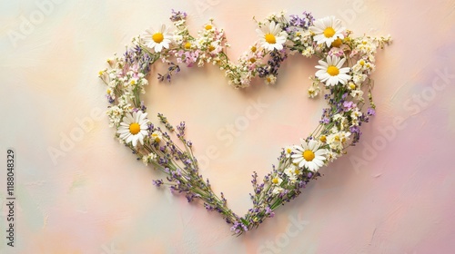 A whimsical heart-shaped flower crown of daisies, lavender, and tiny sprigs of greenery, on a soft pastel background