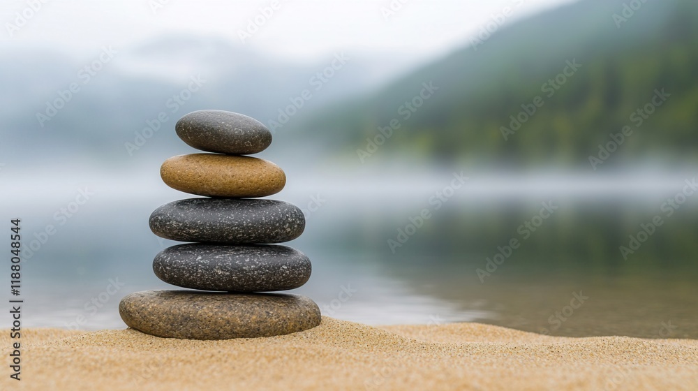 Balanced Zen Stones Arrangement on Tranquil Beach, Zen Balancing pebbles lake concept. Balanced Zen Stones Arrangement on Tranquil Beach, Zen Balancing pebbles lake concept.