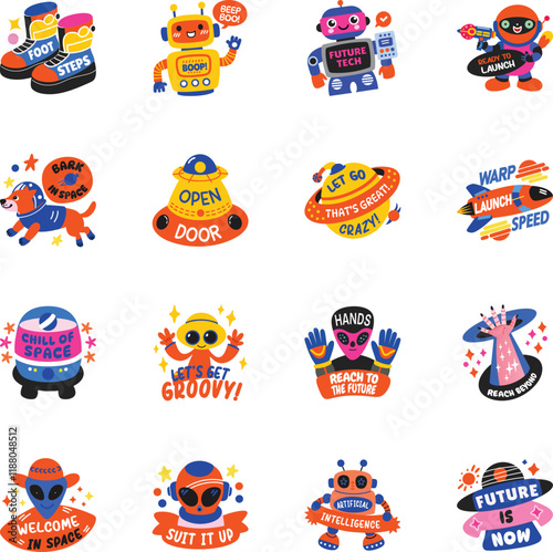 Set of Flat Style Alien Stickers 