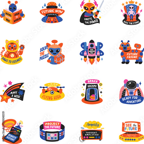 Collection of Flat Style Space Invader Stickers 