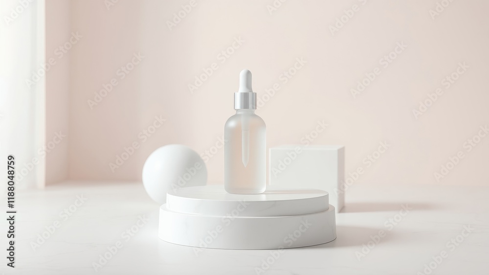 Minimalist Product Display with a Clear Glass Bottle on a White Platform with Geometric Shapes