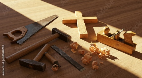 Carpenters tools beside wooden cross illuminated by soft sunlight photo