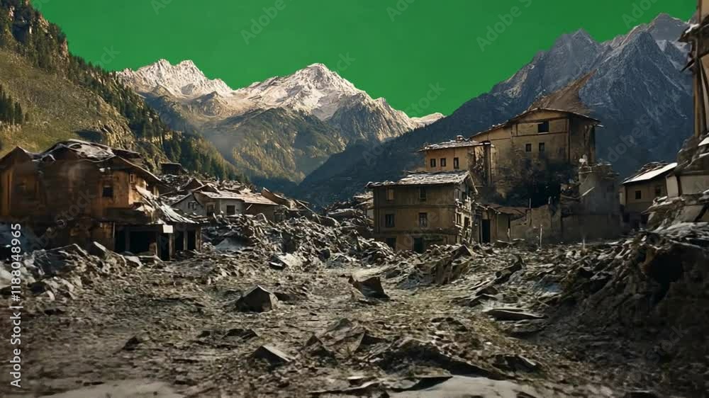 Abandoned stone house in snowy mountain landscape with alpine trees and clouds Abandoned stone house in snowy mountain landscape with alpine trees and clouds