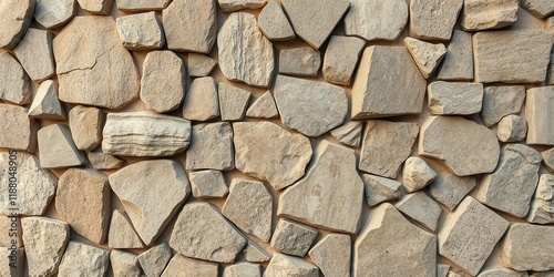 A close-up view of a rough-hewn stone wall, showcasing the irregular shapes and textures of the individual stones, creating a visually appealing and tactile surface. photo