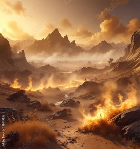 delicate wisps of golden smoke waft through a dreamlike landscape, gentle, wisps