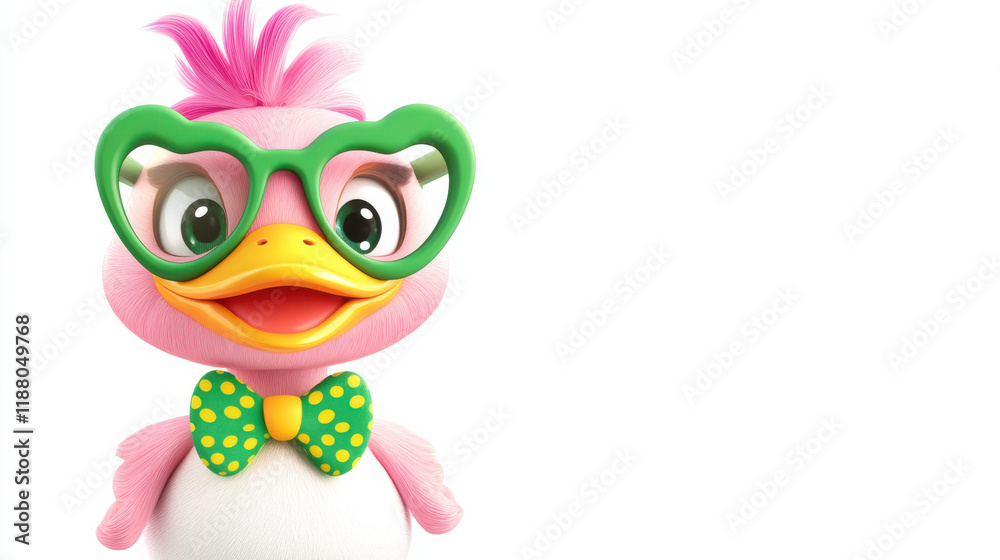Fototapeta premium A cartoon duck with a cheerful expression, wearing a bright green bowtie with yellow polka dots and heart-shaped green glasses. The duck features a pastel pink head with a golden beak and soft white f