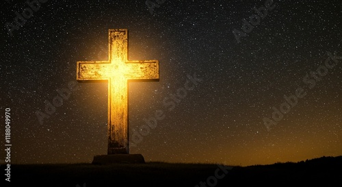 Cross illuminated in starry night sky symbolizing Gods eternal presence and sovereignty