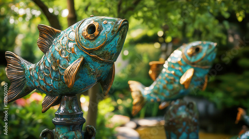 Fish statue on metal pole surrounded by whimsical fish sculptures in a tranquil garden setting with dappled sunlight and lush greenery photo