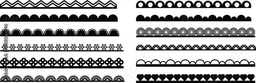 Scallop edge lace border icons set. Seamless pattern with divider for frames or frill ribbons. Ornate lacework or trim decoration vectors in Lace and classic styles isolated on transparent background.