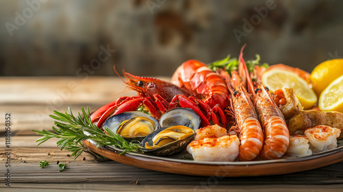 Plate of gourmet seafood and shrimp dishes presented on a rustic wooden table with various seafood delicacies arranged for an appetizing display photo