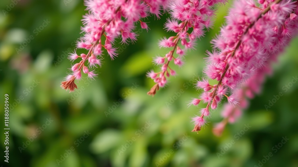 Delicate pink flowers on a stem, adorned with fluffy, feathery texture, contrasted against a vibrant green blurred background. Delicate pink flowers on a stem, adorned with fluffy, feathery texture, contrasted against a vibrant green blurred background.