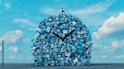 Surreal Mountain of Files Representing Time Management, Workload and deadlines balance concept.