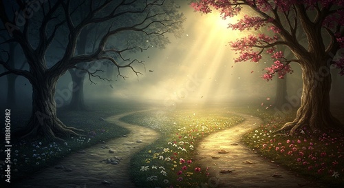 Forked path illuminated by bright light symbolizing crossroads in life and importance of choosing Gods path