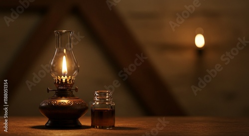 An old Glowing oil lamp with small jar