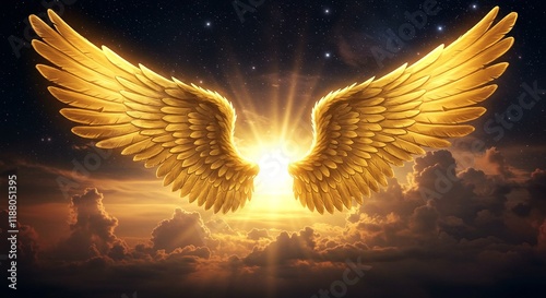 Golden angel wings illuminated by radiant light against heavenly backdrop