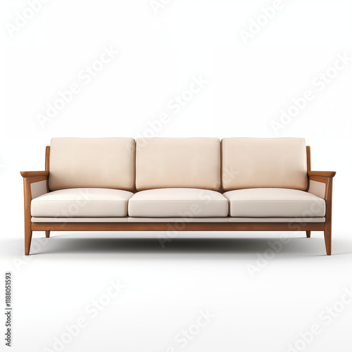 Beige ThreeSeater Sofa MidCentury Modern Design Wooden Frame photo