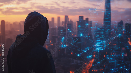 Hacker are planning to hack and attack networks and cyber security systems. Smart digital city with connection cyber security network reciprocity over the cityscape .