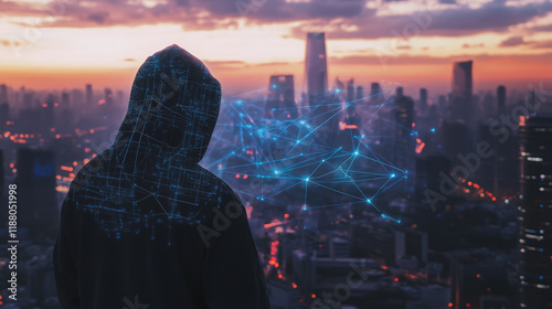 Hacker are planning to hack and attack networks and cyber security systems. Smart digital city with connection cyber security network reciprocity over the cityscape .