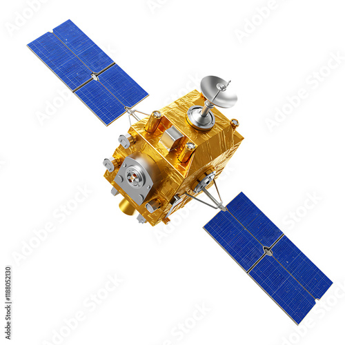 Fototapeta Naklejka Na Ścianę i Meble -  3D Render of a Golden Satellite in Space, Orbiting Earth