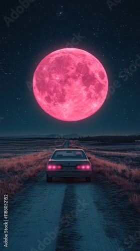 Car at Night with Pink Full Moon, Dreamy Solitary Road