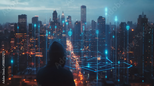 Hacker are planning to hack and attack networks and cyber security systems. Smart digital city with connection cyber security network reciprocity over the cityscape .