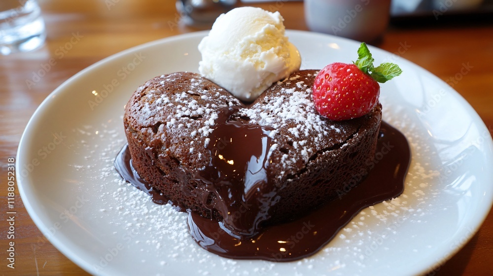 A heart-shaped chocolate lava cake with molten chocolate oozing out, served with a scoop of vanilla ice cream A heart-shaped chocolate lava cake with molten chocolate oozing out, served with a scoop of vanilla ice cream