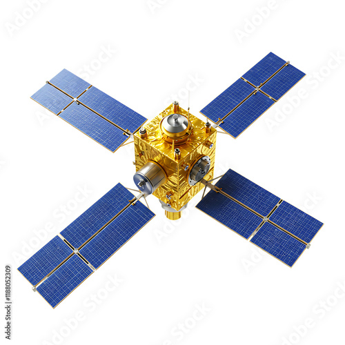 3D Render of Gold Satellite in Space, Communication Technology photo