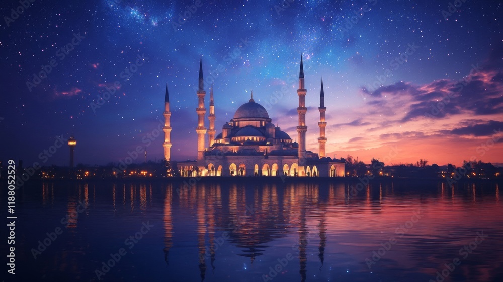 Fototapeta premium Majestic Mosque Reflecting in Tranquil Night Waters Under Starlit Sky