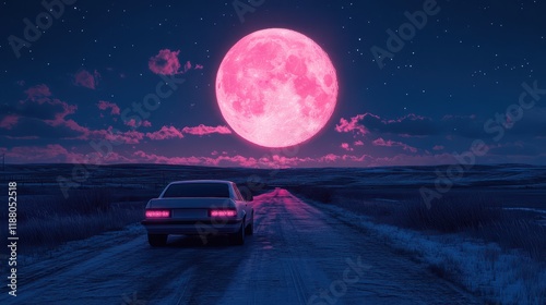 Car at Night with Pink Full Moon, Dreamy Solitary Road