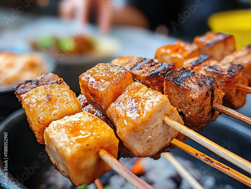 Savor the Flavor: Grilled Skewers of Marinated Meat on Wooden Sticks, Perfect for Sharing or as a Delicious Snack Packed with Tenderness and Smoky Char! photo